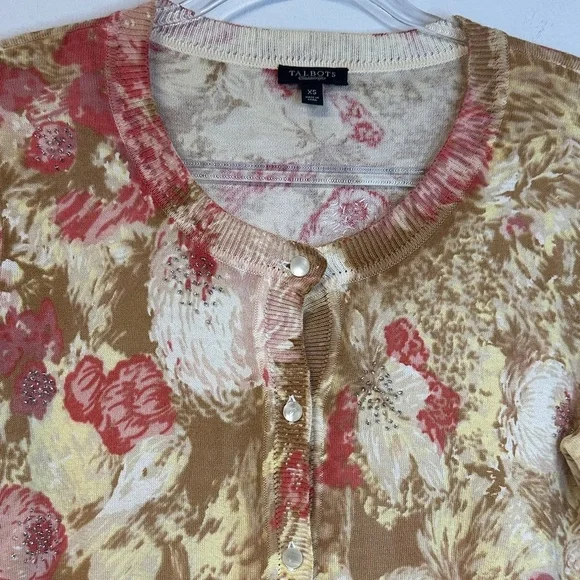 Talbots Women's Floral Beaded Cotton 3/4 Sleeve Button Up Cardigan XS - Picture 3 of 6